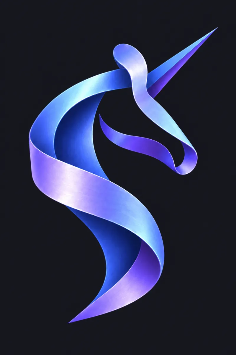 Capra’s ribbon unicorn, rendered as satin blue and violet ribbon